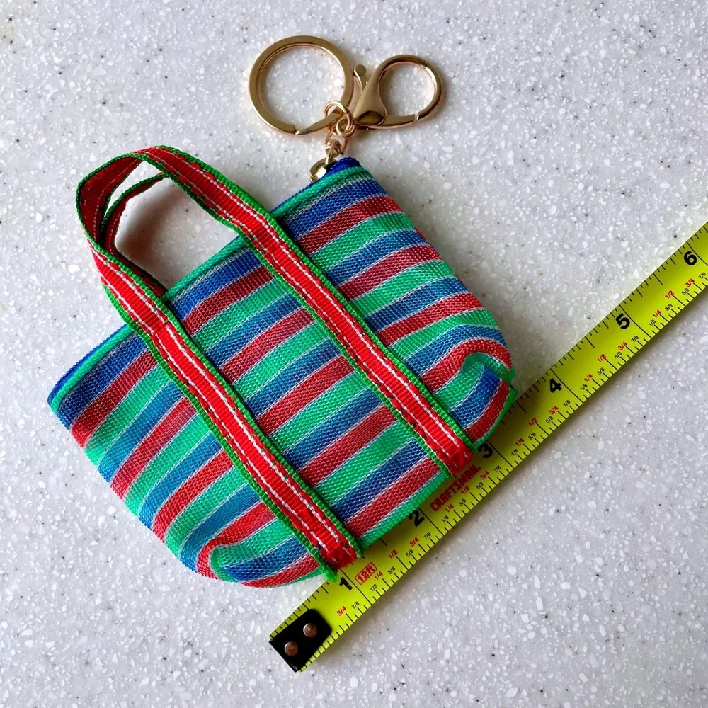 Mini Mesh Shopping Tote Bag Keychain Coin Purse Striped Multi Color Zipper Pouch